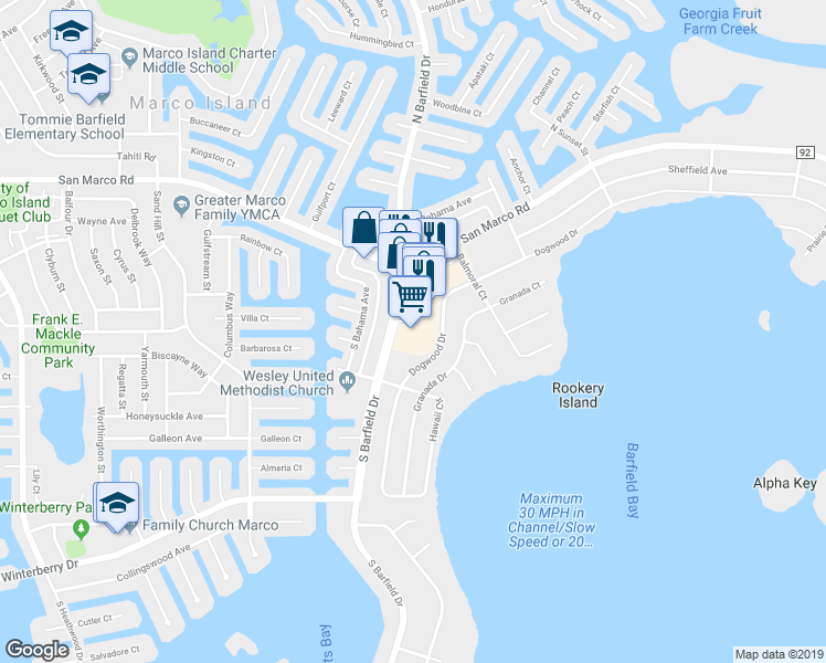map of restaurants, bars, coffee shops, grocery stores, and more near 175 South Barfield Drive in Marco Island