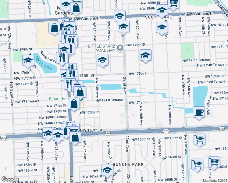 map of restaurants, bars, coffee shops, grocery stores, and more near 2241 Northwest 172nd Terrace in Miami Gardens