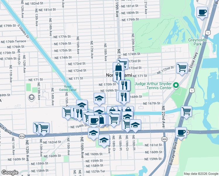 map of restaurants, bars, coffee shops, grocery stores, and more near 16992 Northeast 18th Avenue in North Miami Beach
