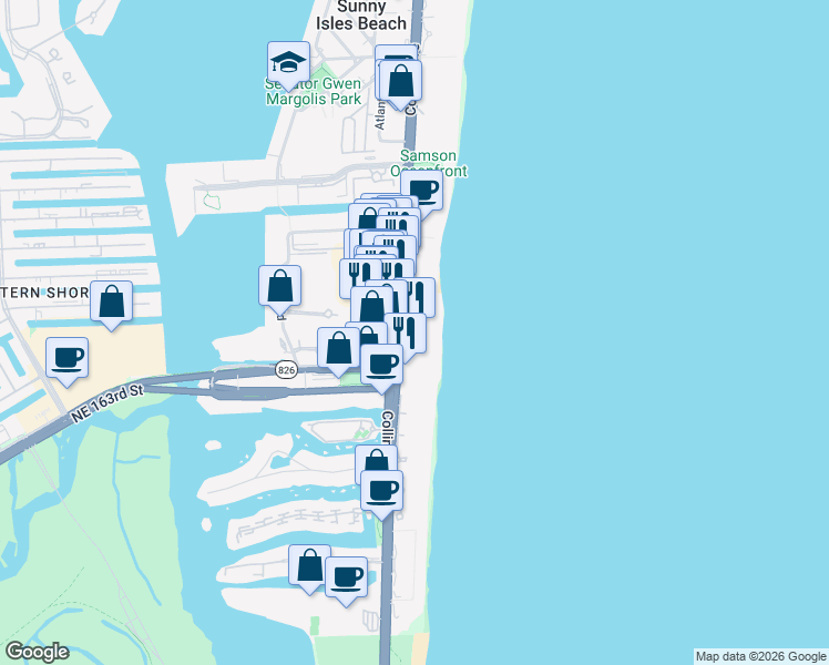 map of restaurants, bars, coffee shops, grocery stores, and more near 16711 Collins Avenue in North Miami Beach