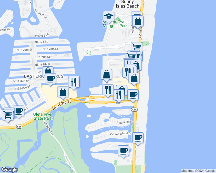 map of restaurants, bars, coffee shops, grocery stores, and more near 16950 North Bay Road in Sunny Isles Beach