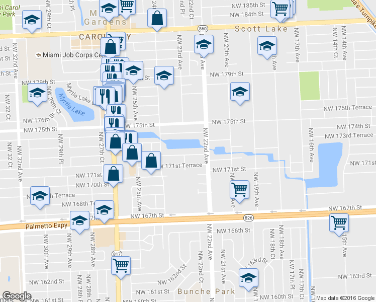 map of restaurants, bars, coffee shops, grocery stores, and more near 2241 Northwest 172nd Terrace in Miami Gardens