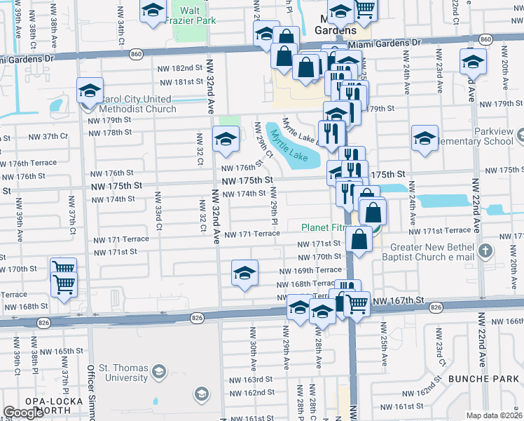 map of restaurants, bars, coffee shops, grocery stores, and more near 2950 Northwest 173rd Terrace in Miami Gardens