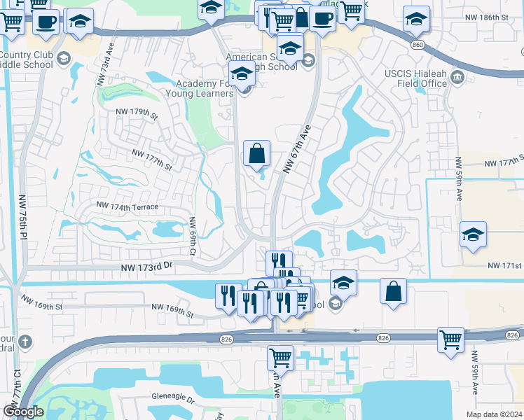 map of restaurants, bars, coffee shops, grocery stores, and more near 17500 Northwest 67th Court in Hialeah