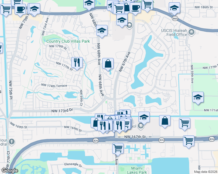 map of restaurants, bars, coffee shops, grocery stores, and more near 17500 Northwest 67th Court in Hialeah