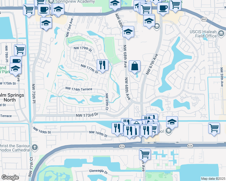 map of restaurants, bars, coffee shops, grocery stores, and more near 17600 Northwest 68th Avenue in Hialeah