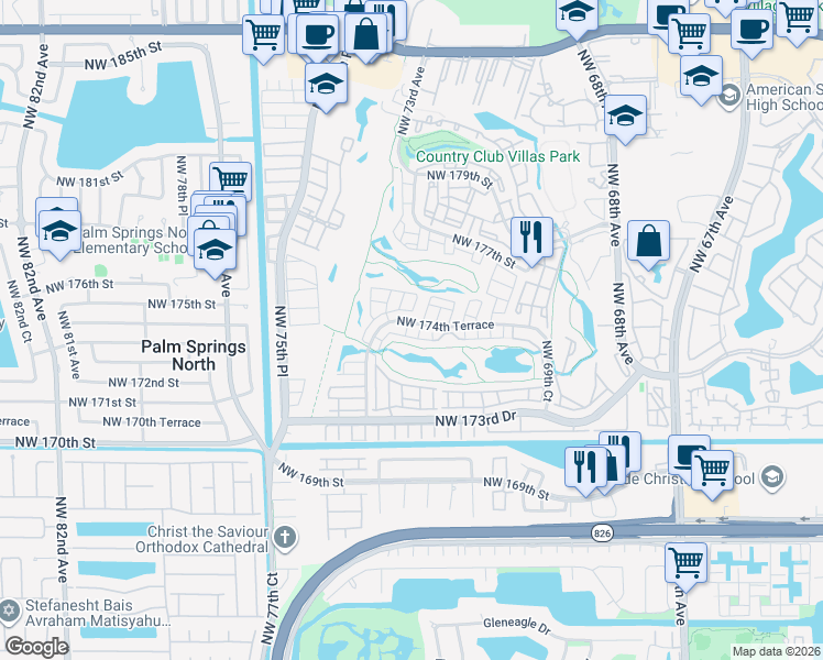 map of restaurants, bars, coffee shops, grocery stores, and more near 7340 Northwest 174th Terrace in Hialeah