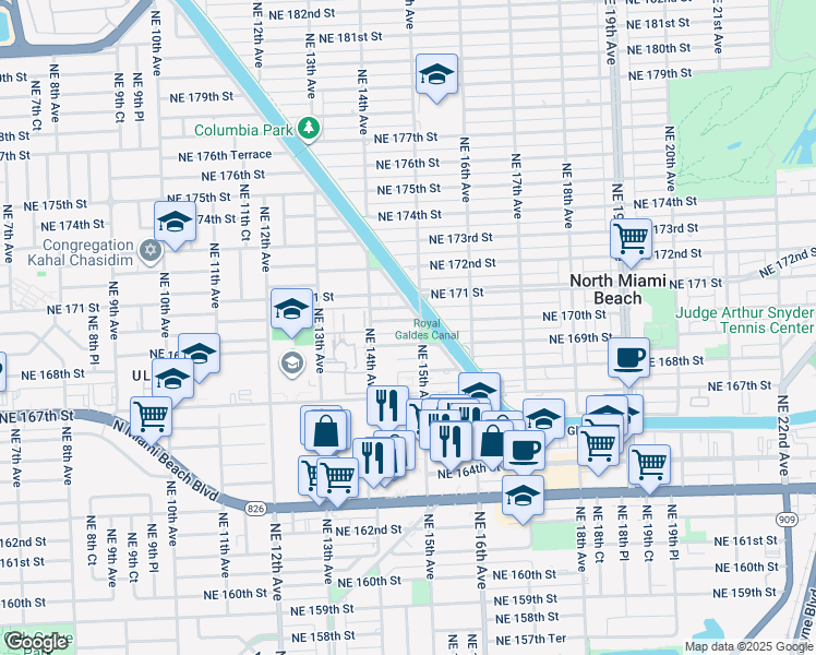 map of restaurants, bars, coffee shops, grocery stores, and more near in North Miami Beach