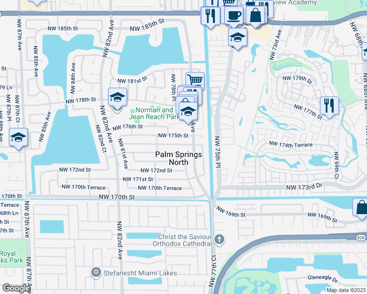map of restaurants, bars, coffee shops, grocery stores, and more near 7830 Northwest 174th Terrace in Hialeah