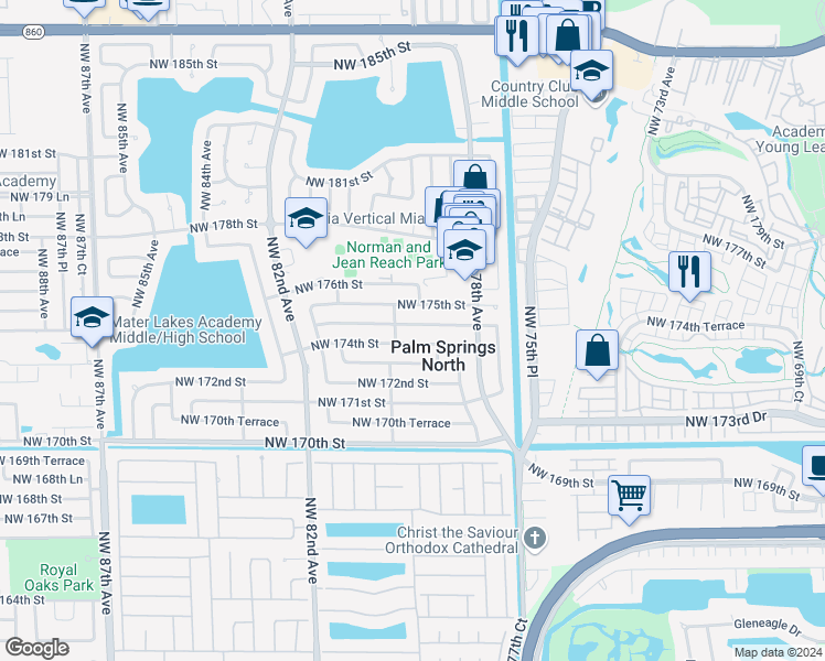 map of restaurants, bars, coffee shops, grocery stores, and more near 7884 Northwest 174th Terrace in Hialeah