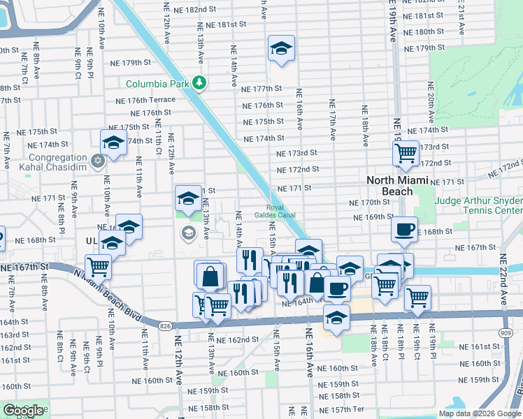 map of restaurants, bars, coffee shops, grocery stores, and more near 1450 Northeast 170th Street in North Miami Beach