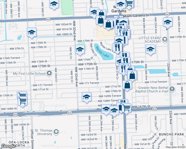 map of restaurants, bars, coffee shops, grocery stores, and more near 2950 Northwest 173rd Terrace in Miami Gardens