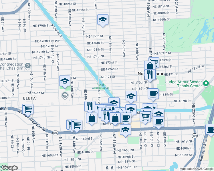 map of restaurants, bars, coffee shops, grocery stores, and more near 1500 Northeast 170th Street in North Miami Beach
