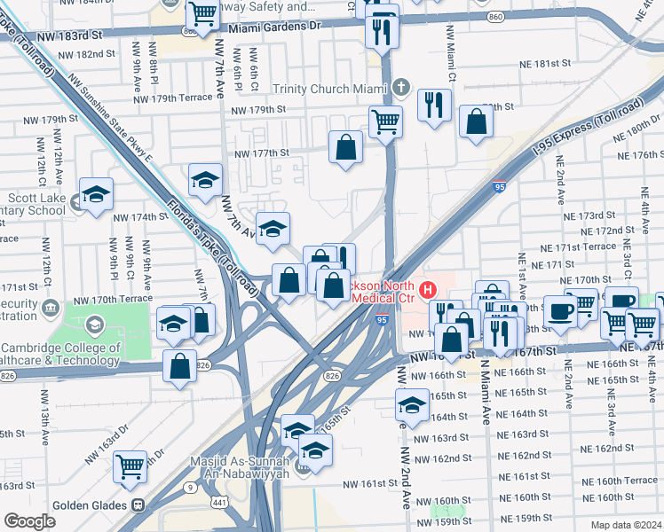 map of restaurants, bars, coffee shops, grocery stores, and more near 17151 Northwest 7th Avenue Extension in Miami Gardens