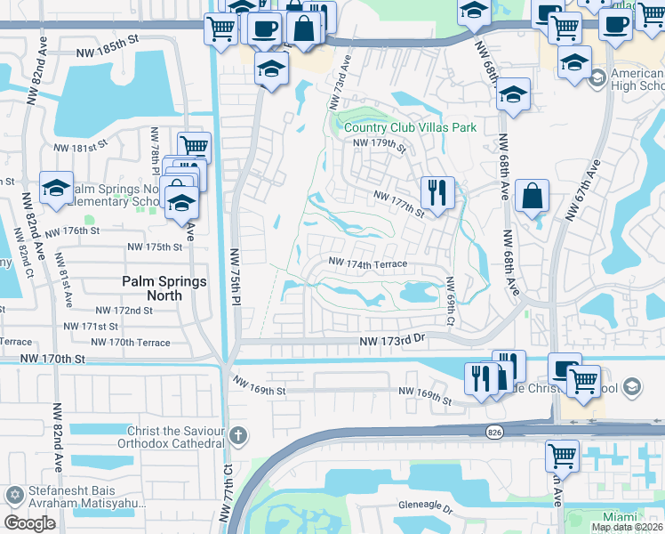 map of restaurants, bars, coffee shops, grocery stores, and more near 7340 Northwest 174th Terrace in Hialeah