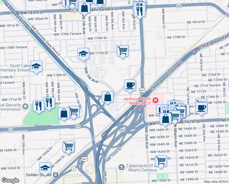 map of restaurants, bars, coffee shops, grocery stores, and more near 17119 Northwest 7th Avenue in Miami Gardens