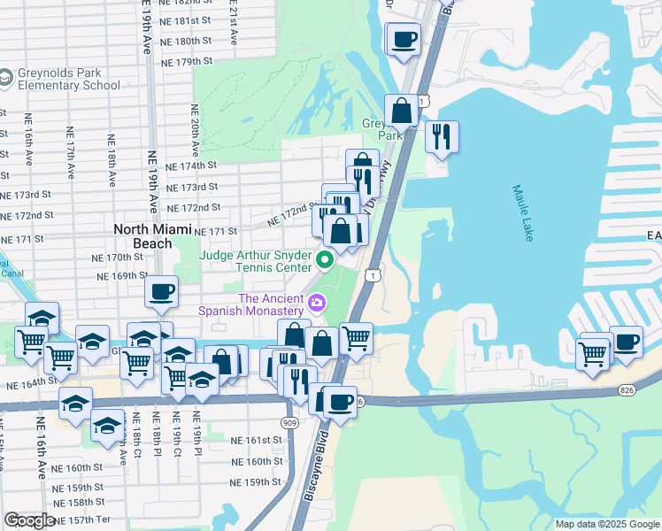 map of restaurants, bars, coffee shops, grocery stores, and more near 16851 West Dixie Highway in North Miami Beach