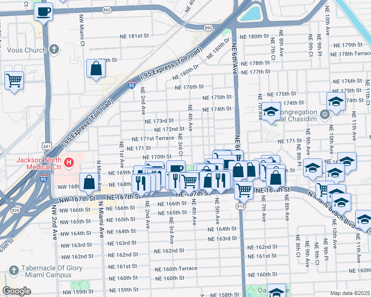 map of restaurants, bars, coffee shops, grocery stores, and more near 374 Northeast 171 Street in North Miami Beach