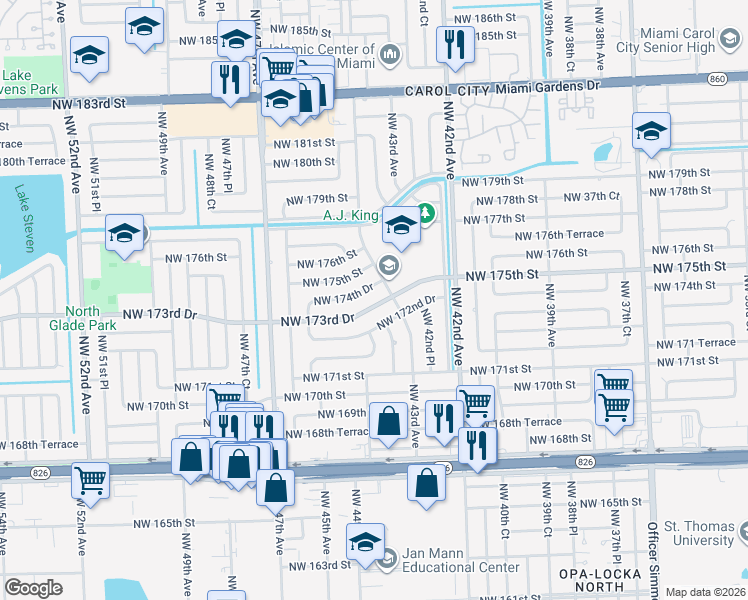 map of restaurants, bars, coffee shops, grocery stores, and more near 4371 Northwest 173rd Drive in Miami Gardens