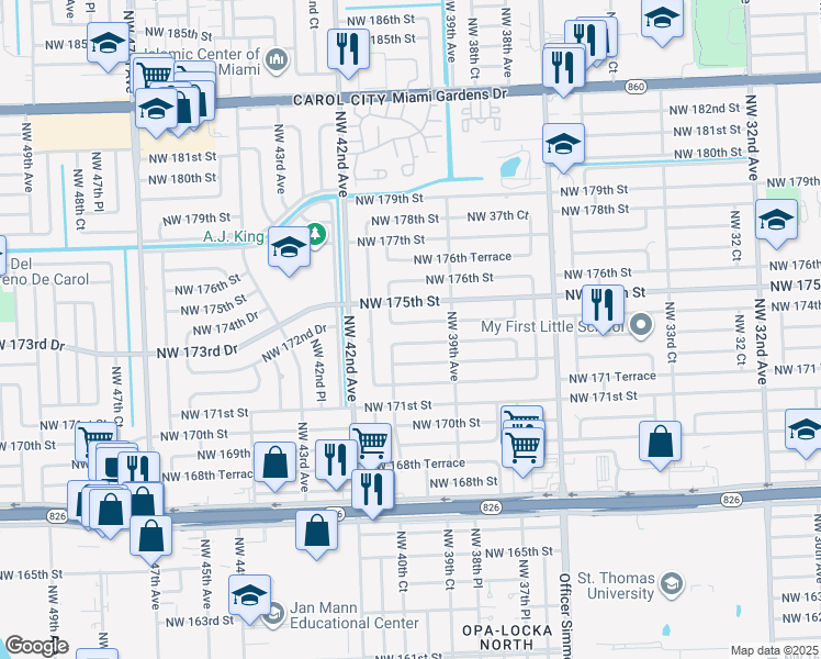 map of restaurants, bars, coffee shops, grocery stores, and more near 3960 Northwest 174th Street in Miami Gardens