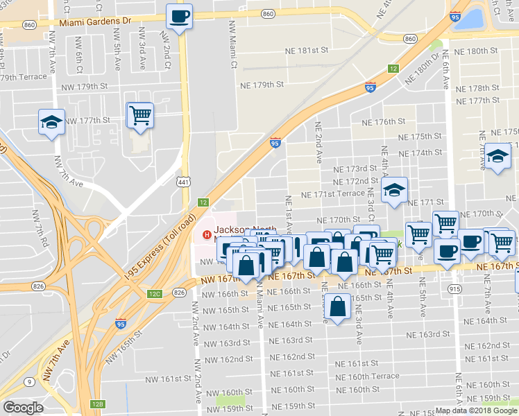 map of restaurants, bars, coffee shops, grocery stores, and more near 17151 North Miami Avenue in North Miami Beach