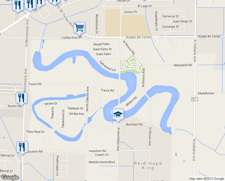 map of restaurants, bars, coffee shops, grocery stores, and more near 6761 Travis Road in Brownsville