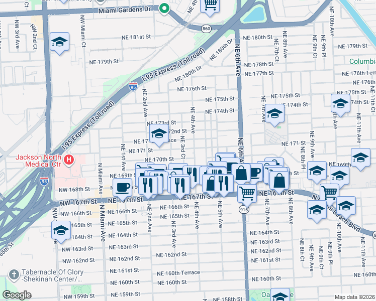 map of restaurants, bars, coffee shops, grocery stores, and more near 374 Northeast 171 Street in North Miami Beach