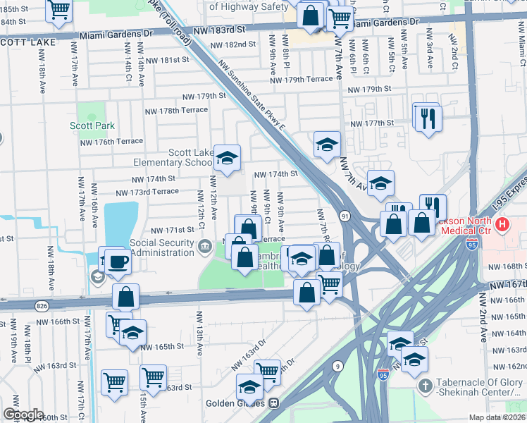 map of restaurants, bars, coffee shops, grocery stores, and more near 17204 Northwest 9th Avenue in Miami