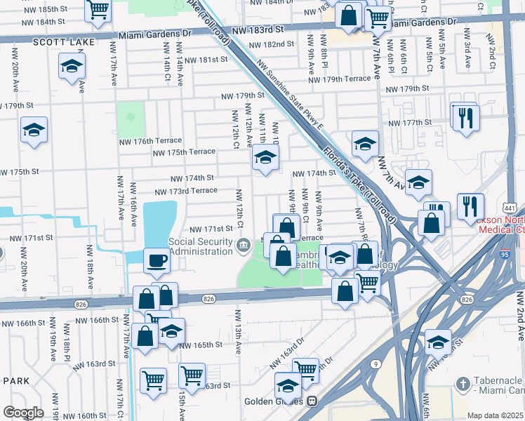 map of restaurants, bars, coffee shops, grocery stores, and more near 17200 Northwest 11th Avenue in Miami