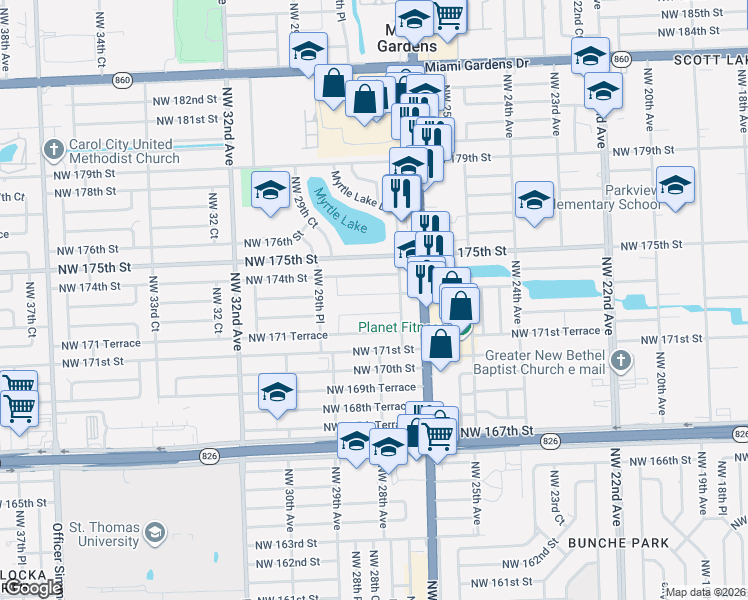 map of restaurants, bars, coffee shops, grocery stores, and more near 2800 Northwest 173rd Terrace in Miami Gardens