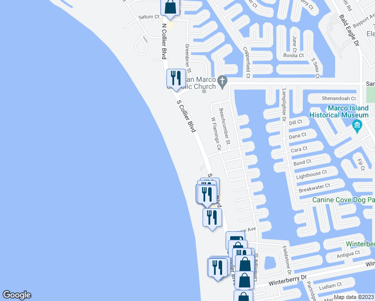 map of restaurants, bars, coffee shops, grocery stores, and more near 280 South Collier Boulevard in Marco Island