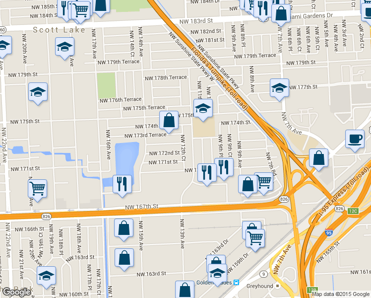 map of restaurants, bars, coffee shops, grocery stores, and more near 17215 Northwest 12th Court in Miami