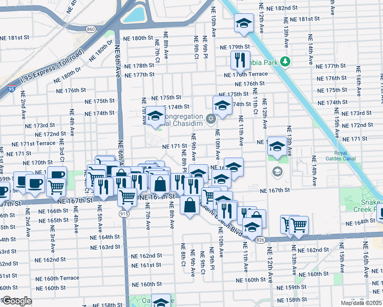 map of restaurants, bars, coffee shops, grocery stores, and more near 17010 Northeast 9th Avenue in Miami