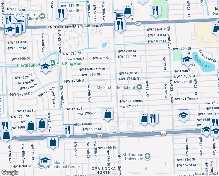 map of restaurants, bars, coffee shops, grocery stores, and more near 17310 Northwest 37th Court in Miami Gardens