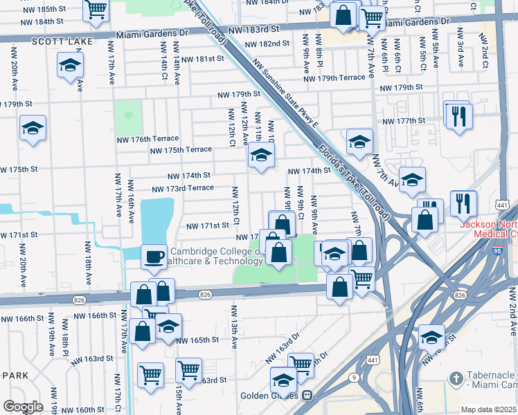 map of restaurants, bars, coffee shops, grocery stores, and more near 17200 Northwest 11th Avenue in Miami