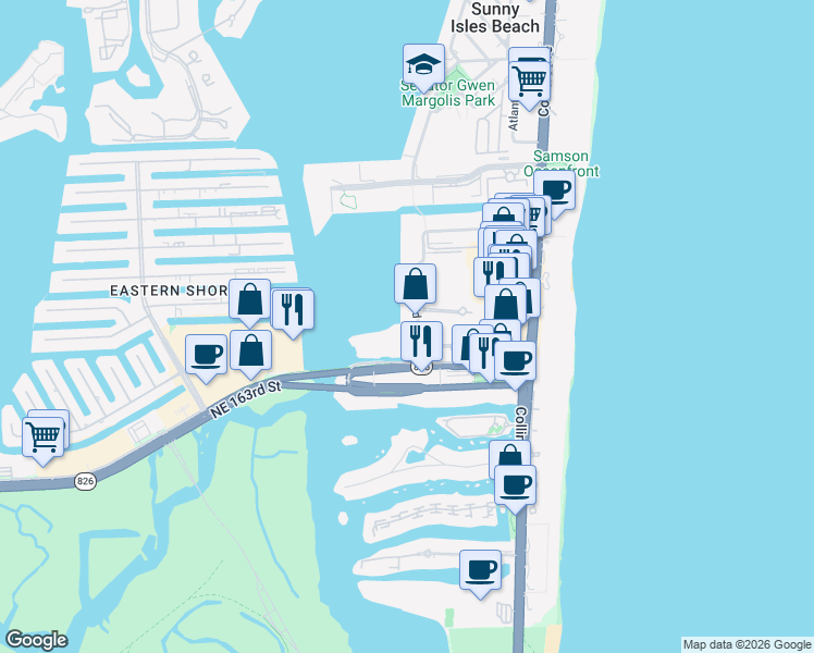 map of restaurants, bars, coffee shops, grocery stores, and more near 17000 North Bay Road in Sunny Isles Beach