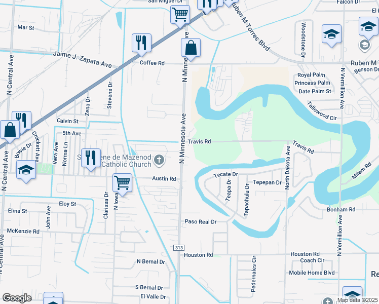 map of restaurants, bars, coffee shops, grocery stores, and more near 1312 North Minnesota Avenue in Brownsville