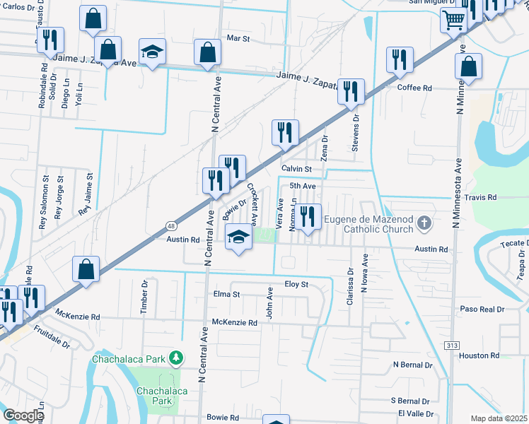 map of restaurants, bars, coffee shops, grocery stores, and more near 1153 Fannin Avenue in Brownsville