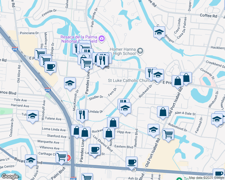 map of restaurants, bars, coffee shops, grocery stores, and more near 355 Fern Drive in Brownsville