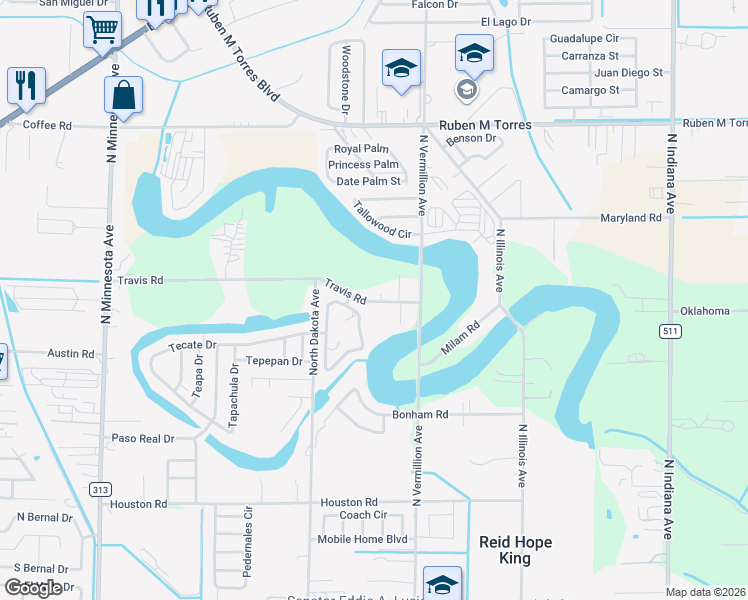 map of restaurants, bars, coffee shops, grocery stores, and more near 6531-6761 Travis Rd in Brownsville