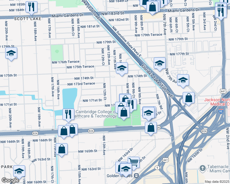 map of restaurants, bars, coffee shops, grocery stores, and more near 17200 Northwest 11th Avenue in Miami