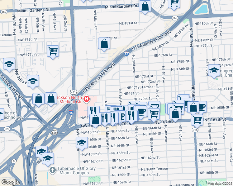 map of restaurants, bars, coffee shops, grocery stores, and more near 76 Northeast 171st Terrace in North Miami Beach