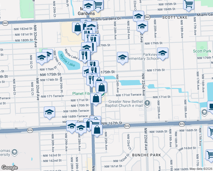 map of restaurants, bars, coffee shops, grocery stores, and more near 17304 Northwest 24th Place in Miami Gardens
