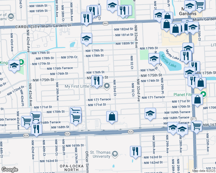 map of restaurants, bars, coffee shops, grocery stores, and more near 3401 Northwest 173rd Terrace in Miami Gardens