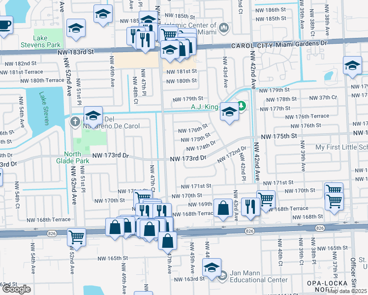 map of restaurants, bars, coffee shops, grocery stores, and more near 4511 Northwest 174th Drive in Miami Gardens