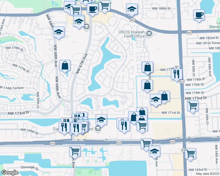 map of restaurants, bars, coffee shops, grocery stores, and more near 17305 NW 63rd Ave in Hialeah