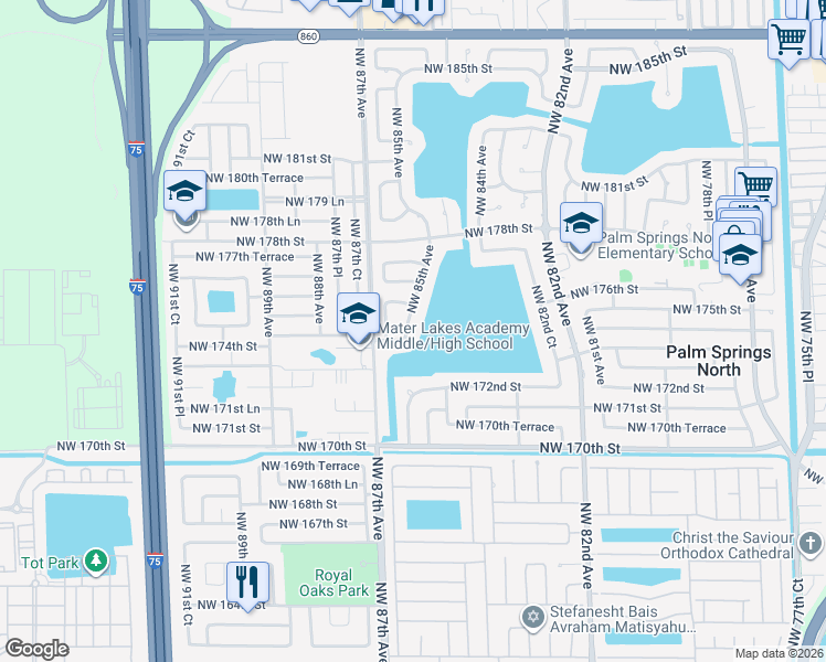 map of restaurants, bars, coffee shops, grocery stores, and more near 17425 Northwest 85th Avenue in Hialeah