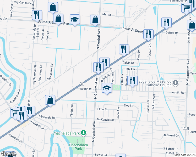 map of restaurants, bars, coffee shops, grocery stores, and more near 1194 North Central Avenue in Brownsville