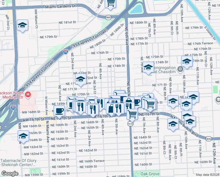 map of restaurants, bars, coffee shops, grocery stores, and more near 17090 Northeast 4th Place in North Miami Beach