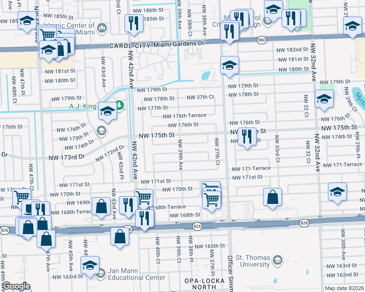 map of restaurants, bars, coffee shops, grocery stores, and more near 3880 Northwest 174th Street in Miami Gardens